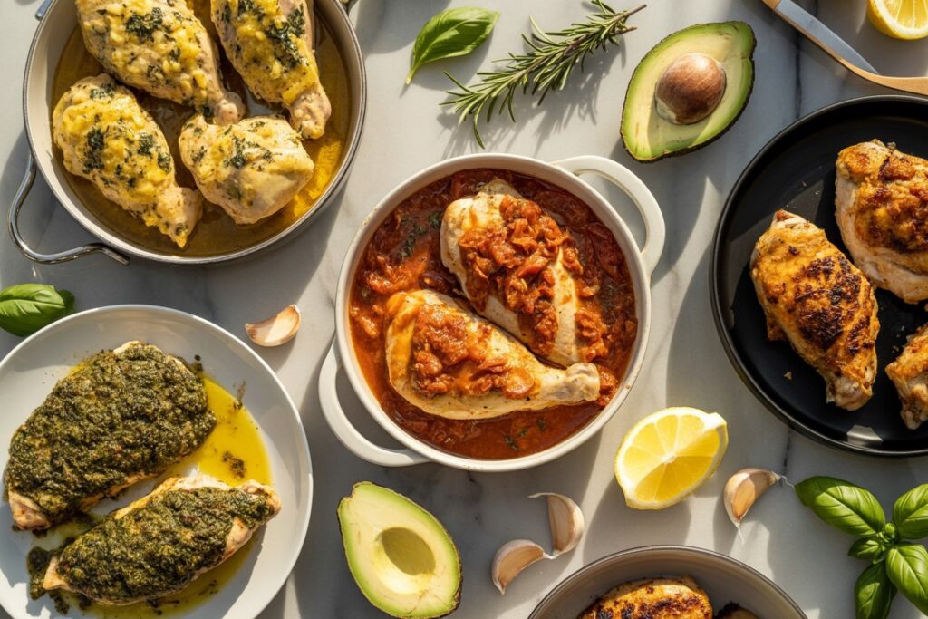 15+ Best Ever Keto Chicken RecipesStephanie SimeonMarch 7, 2026Dinner		


Pin2Share2 Shares

Table of Content
Toggle
Amazon Kitchen Essentials for Keto Chicken CookingKeto Cooking Essentials1. Garlic Butter Keto ChickenIngredientsInstructionsServing Ideas2. Keto Creamy Tuscan ChickenIngredientsInstructionsServing Ideas3. Crispy Air Fryer Keto Chicken ThighsIngredientsInstructionsServing Ideas4. Keto Chicken AlfredoIngredientsInstructionsServing Ideas5. Lemon Herb Grilled Keto ChickenIngredientsInstructionsServing Ideas6. Keto Buffalo Chicken BakeIngredientsInstructionsServing Ideas7. Keto Chicken ParmesanIngredientsInstructionsServing Ideas8. Keto Creamy Mushroom ChickenIngredientsInstructionsServing Ideas9. Keto Baked Pesto ChickenIngredientsInstructionsServing Ideas10. Keto Chicken CasseroleIngredientsInstructionsServing Ideas11. Keto Chicken Stir FryIngredientsInstructionsServing Ideas12. Keto Chicken Bacon RanchIngredientsInstructionsServing Ideas13. Keto Chicken Lettuce WrapsIngredientsInstructionsServing Ideas14. Keto Chicken Zucchini SkilletIngredientsInstructionsServing Ideas15. Keto Chicken Avocado SaladIngredientsInstructionsServing Ideas16. Keto Garlic Parmesan Chicken WingsIngredientsInstructionsServing Ideas17. Keto Chicken Cauliflower Rice BowlIngredientsInstructionsServing IdeasHow to Meal Prep Keto Chicken RecipesKeto Cooking Tips for Perfect ChickenFrequently Asked QuestionsFinal Thoughts
Eating keto does not have to feel restrictive or boring. In fact, chicken is one of the easiest and most versatile proteins you can cook when following a low carb lifestyle.
When I started experimenting with keto recipes, chicken quickly became my go to ingredient. It is affordable, easy to cook, and works with so many different flavors. 
You can bake it, air fry it, grill it, or cook it in a skillet and still end up with something delicious.

Another thing I love about chicken is how well it pairs with keto friendly ingredients like cheese, garlic butter, cream sauce, avocado, and fresh herbs. 




(adsbygoogle = window.adsbygoogle || []).push({});

With just a few simple ingredients, you can create meals that feel rich and satisfying while still staying low in carbs.
In this guide you will find 15 of the best keto chicken recipes that are perfect for quick dinners, meal prep, or even special occasions. 
These recipes focus on bold flavor, simple ingredients, and easy cooking methods so you can spend less time in the kitchen.
Before we jump into the recipes, let’s look at a few kitchen tools that make keto cooking much easier.

Amazon Kitchen Essentials for Keto Chicken Cooking
A few simple kitchen tools can make preparing keto meals faster and more enjoyable.
Keto Cooking Essentials

Cast Iron Skillet for searing chicken
Air Fryer for crispy keto chicken recipes
Instant Read Meat Thermometer
Stainless Steel Baking Sheet
Garlic Press
Silicone Cooking Tongs
Glass Meal Prep Containers
Olive Oil Dispenser Bottle
Mixing Bowls for marinades and seasoning
Sharp Chef’s Knife for trimming chicken

These tools make it easier to cook chicken evenly, season it properly, and store leftovers for later meals.
Now let’s move on to the recipes.

1. Garlic Butter Keto Chicken

Garlic butter chicken is one of the simplest keto meals you can make, but the flavor is incredible. 
The chicken cooks in a rich garlic butter sauce that keeps it juicy and tender.
I like making this recipe when I want something comforting that still fits perfectly into a low carb meal plan.
Ingredients
2 large chicken breasts2 tablespoons butter3 cloves garlic minced1 teaspoon paprika½ teaspoon salt½ teaspoon black pepper1 tablespoon olive oilFresh parsley for garnish
Instructions
Season the chicken breasts with salt, pepper, and paprika.
Heat olive oil in a skillet over medium heat.
Add the chicken and cook for about 5 to 6 minutes on each side until golden and cooked through.
Remove the chicken and set it aside.




(adsbygoogle = window.adsbygoogle || []).push({});

In the same pan, melt the butter and add the minced garlic. Cook for about 30 seconds until fragrant.
Return the chicken to the pan and spoon the garlic butter sauce over the top.
Garnish with fresh parsley before serving.
Serving Ideas
This chicken pairs perfectly with keto friendly sides such as:
Cauliflower riceRoasted broccoliGarlic butter zucchini noodlesFresh avocado slices

2. Keto Creamy Tuscan Chicken

Creamy Tuscan chicken feels like a restaurant style dinner but it is surprisingly simple to prepare. 
The sauce combines garlic, cream, spinach, and sun dried tomatoes for a rich and satisfying dish.
It is one of those recipes that tastes impressive but requires very little effort.
Ingredients
2 chicken breasts1 tablespoon olive oil3 cloves garlic minced1 cup heavy cream½ cup grated parmesan cheese½ cup sun dried tomatoes1 cup fresh spinach½ teaspoon Italian seasoningSalt and pepper to taste
Instructions
Season the chicken breasts with salt and pepper.




(adsbygoogle = window.adsbygoogle || []).push({});

Heat olive oil in a skillet over medium heat and cook the chicken until golden on both sides. Remove and set aside.
In the same pan cook the garlic for about 30 seconds.
Add heavy cream, parmesan cheese, and Italian seasoning. Stir until the sauce begins to thicken.
Add the sun dried tomatoes and spinach and cook until the spinach wilts.
Return the chicken to the pan and let it simmer in the sauce for about 5 minutes.
Serve warm.
Serving Ideas
This creamy chicken goes well with:
Cauliflower mashZucchini noodlesSteamed asparagusRoasted Brussels sprouts

3. Crispy Air Fryer Keto Chicken Thighs

If you love crispy chicken skin, air fryer chicken thighs are a must try. The air fryer creates a crispy exterior while keeping the meat juicy and tender inside.
This recipe is simple, flavorful, and perfect for busy weeknights.
Ingredients
4 bone in chicken thighs1 tablespoon olive oil1 teaspoon garlic powder1 teaspoon paprika½ teaspoon salt½ teaspoon black pepper
Instructions
Pat the chicken thighs dry with paper towels.
Rub olive oil over the chicken.
Season with garlic powder, paprika, salt, and pepper.
Place the chicken in the air fryer basket skin side up.




(adsbygoogle = window.adsbygoogle || []).push({});

Cook at 380°F for about 22 to 25 minutes until the skin becomes crispy and the chicken is fully cooked.
Let the chicken rest for a few minutes before serving.
Serving Ideas
Serve these crispy chicken thighs with:
Cauliflower mac and cheeseRoasted green beansSimple avocado saladGarlic butter mushrooms
4. Keto Chicken Alfredo

Chicken Alfredo is one of the most comforting meals you can make while still staying low carb. 
Instead of serving it with traditional pasta, I like pairing the creamy sauce with zucchini noodles or roasted vegetables.
The rich parmesan cream sauce makes this dish feel indulgent while still fitting perfectly into a keto meal plan.
Ingredients
2 chicken breasts1 tablespoon olive oil2 tablespoons butter3 cloves garlic minced1 cup heavy cream¾ cup grated parmesan cheese½ teaspoon Italian seasoningSalt and pepper to taste
Instructions
Season the chicken with salt and pepper.
Heat olive oil in a skillet over medium heat and cook the chicken until golden and fully cooked. Remove and set aside.
In the same pan melt butter and add the garlic. Cook for about 30 seconds.
Pour in the heavy cream and stir gently.
Add parmesan cheese and Italian seasoning. Let the sauce simmer until it thickens.
Slice the chicken and return it to the pan, coating it with the Alfredo sauce.
Serve warm.
Serving Ideas
This keto Alfredo chicken tastes great with:
Zucchini noodlesRoasted cauliflowerSteamed broccoliGarlic sautéed spinach

5. Lemon Herb Grilled Keto Chicken

When I want something fresh and light, lemon herb grilled chicken is always a great option. 
The bright lemon flavor and herbs make this dish simple but incredibly satisfying.
It also works very well for meal prep.
Ingredients
2 chicken breasts2 tablespoons olive oilJuice of 1 lemon1 teaspoon garlic powder1 teaspoon dried oregano½ teaspoon salt½ teaspoon black pepper
Instructions
In a bowl mix olive oil, lemon juice, garlic powder, oregano, salt, and pepper.
Coat the chicken breasts with the marinade and let them sit for about 20 minutes.
Preheat the grill or grill pan over medium heat.
Cook the chicken for about 6 to 7 minutes on each side until fully cooked.
Let the chicken rest before slicing.
Serving Ideas
Serve lemon herb chicken with:
Greek saladRoasted asparagusCauliflower riceAvocado slices

6. Keto Buffalo Chicken Bake

Buffalo chicken is perfect if you enjoy bold and spicy flavors. This baked version combines juicy chicken with buffalo sauce and melted cheese.
It is a simple recipe that works well for weeknight dinners.
Ingredients
2 chicken breasts½ cup buffalo sauce½ cup shredded mozzarella cheese½ cup cream cheese½ teaspoon garlic powder½ teaspoon paprika
Instructions
Preheat the oven to 375°F.
Place the chicken breasts in a baking dish.
Spread cream cheese over the chicken.
Pour buffalo sauce on top and sprinkle with garlic powder and paprika.
Add shredded mozzarella cheese.
Bake for about 25 minutes until the chicken is cooked through and the cheese is melted.
Serving Ideas
Buffalo chicken pairs well with:
Celery sticksCauliflower riceKeto coleslawFresh avocado

7. Keto Chicken Parmesan

Chicken parmesan can easily be made keto friendly by replacing traditional breadcrumbs with a low carb coating.
The crispy chicken combined with marinara sauce and melted cheese makes this dish incredibly satisfying.
Ingredients
2 chicken breasts½ cup almond flour¼ cup grated parmesan cheese1 egg½ cup marinara sauce½ cup shredded mozzarella cheese1 teaspoon Italian seasoning
Instructions
Preheat the oven to 375°F.
In one bowl beat the egg. In another bowl combine almond flour, parmesan cheese, and Italian seasoning.
Dip the chicken in the egg then coat with the almond flour mixture.
Place the chicken on a baking sheet and bake for about 20 minutes.
Remove from the oven and top with marinara sauce and mozzarella cheese.
Return to the oven and bake another 5 to 10 minutes until the cheese melts.
Serving Ideas
Serve keto chicken parmesan with:
Zucchini noodlesRoasted broccoliGarlic sautéed spinachSimple side salad

8. Keto Creamy Mushroom Chicken

Creamy mushroom chicken is a rich and comforting dinner that feels perfect for colder evenings. 
The creamy sauce combined with garlic and mushrooms creates deep flavor without adding carbs.
Ingredients
2 chicken breasts1 tablespoon olive oil1 cup sliced mushrooms2 cloves garlic minced¾ cup heavy cream½ cup parmesan cheese½ teaspoon thymeSalt and pepper to taste
Instructions
Season the chicken with salt and pepper.
Heat olive oil in a skillet and cook the chicken until golden. Remove and set aside.
Add mushrooms to the pan and cook until soft.
Stir in the garlic and cook briefly.
Pour in the heavy cream and parmesan cheese. Add thyme and stir.
Return the chicken to the pan and simmer until the sauce thickens.
Serving Ideas
This dish pairs well with:
Cauliflower mashRoasted green beansSteamed broccoliGarlic butter zucchini noodles

9. Keto Baked Pesto Chicken
Pesto chicken is simple, flavorful, and perfect for a quick dinner. The basil pesto adds bold flavor while the melted cheese keeps the chicken juicy.
Ingredients
2 chicken breasts½ cup basil pesto½ cup shredded mozzarella cheese1 tablespoon olive oilSalt and pepper to taste
Instructions
Preheat the oven to 375°F.
Place the chicken breasts in a baking dish.
Season with salt and pepper and drizzle with olive oil.
Spread pesto evenly over the chicken.
Top with shredded mozzarella cheese.
Bake for about 25 minutes until the chicken is cooked through.
Serving Ideas
Serve pesto chicken with:
Roasted zucchiniCauliflower riceGarlic green beansFresh tomato salad
10. Keto Chicken Casserole

Chicken casserole is one of the easiest keto dinners you can make. Everything cooks together in one dish which makes preparation simple and cleanup quick.
The combination of tender chicken, creamy sauce, and melted cheese creates a comforting meal that feels satisfying without adding extra carbs.
Ingredients
2 cups cooked shredded chicken1 cup broccoli florets½ cup cream cheese½ cup heavy cream1 cup shredded cheddar cheese½ teaspoon garlic powder½ teaspoon onion powderSalt and pepper to taste
Instructions
Preheat the oven to 375°F.
In a mixing bowl combine shredded chicken, broccoli, cream cheese, heavy cream, garlic powder, onion powder, salt, and pepper.
Spread the mixture evenly in a baking dish.
Top with shredded cheddar cheese.
Bake for about 25 minutes until hot and bubbly.
Serving Ideas
Serve this casserole with:
A fresh green saladRoasted zucchiniSteamed asparagusAvocado slices

11. Keto Chicken Stir Fry

Chicken stir fry is a quick and flavorful dinner that fits perfectly into a keto lifestyle. 
The vegetables add color and texture while the sauce keeps the chicken juicy and flavorful.
Ingredients
2 chicken breasts sliced1 tablespoon sesame oil1 cup broccoli florets1 bell pepper sliced½ cup sliced mushrooms2 cloves garlic minced2 tablespoons soy sauce or coconut aminos1 teaspoon grated ginger
Instructions
Heat sesame oil in a large skillet over medium high heat.
Add the sliced chicken and cook until lightly browned.
Add broccoli, bell pepper, and mushrooms.
Stir fry for about 5 minutes.
Add garlic, ginger, and soy sauce.
Cook another 2 minutes until everything is well combined.
Serving Ideas
Serve this stir fry with:
Cauliflower riceSteamed cabbageZucchini noodles

12. Keto Chicken Bacon Ranch

Chicken bacon ranch is a rich and satisfying keto meal that combines three bold flavors in one dish. 
The creamy ranch sauce pairs perfectly with crispy bacon and juicy chicken.
Ingredients
2 chicken breasts4 slices bacon cooked and crumbled½ cup cream cheese½ cup heavy cream½ cup shredded cheddar cheese1 tablespoon ranch seasoning
Instructions
Preheat the oven to 375°F.
Place the chicken in a baking dish.
In a bowl mix cream cheese, heavy cream, and ranch seasoning.
Spread the mixture over the chicken.
Top with shredded cheese and crumbled bacon.
Bake for about 25 minutes until the chicken is fully cooked.
Serving Ideas
Serve chicken bacon ranch with:
Roasted broccoliCauliflower mashGarlic butter green beans

13. Keto Chicken Lettuce Wraps

Lettuce wraps are light, fresh, and perfect for a low carb meal. They are quick to prepare and work well for lunch or dinner.
Ingredients
2 cups cooked shredded chicken1 tablespoon olive oil2 tablespoons soy sauce or coconut aminos1 teaspoon sesame oil1 clove garlic mincedButter lettuce leaves
Instructions
Heat olive oil in a skillet.
Add the shredded chicken and cook for a few minutes.
Stir in soy sauce, sesame oil, and garlic.
Cook until the chicken is heated through.
Spoon the mixture into lettuce leaves and serve.
Serving Ideas
Top the wraps with:
Sliced avocadoGreen onionsSesame seeds

14. Keto Chicken Zucchini Skillet

This one pan skillet meal is perfect for busy nights. The zucchini cooks quickly and absorbs the flavor from the seasoned chicken.
Ingredients
2 chicken breasts sliced2 zucchini sliced1 tablespoon olive oil2 cloves garlic minced½ teaspoon paprika½ teaspoon Italian seasoningSalt and pepper to taste
Instructions
Heat olive oil in a skillet over medium heat.
Add the chicken slices and cook until golden.
Add zucchini and garlic.
Season with paprika, Italian seasoning, salt, and pepper.
Cook for another 5 minutes until the zucchini becomes tender.
Serving Ideas
Serve with:
Cauliflower riceFresh saladAvocado slices

15. Keto Chicken Avocado Salad

Chicken avocado salad is simple, refreshing, and perfect for a light keto meal. It is also great for meal prep lunches.
Ingredients
2 cups cooked diced chicken1 avocado diced¼ cup mayonnaise1 tablespoon lemon juice¼ cup chopped celerySalt and pepper to taste
Instructions
In a bowl combine chicken, avocado, celery, and mayonnaise.
Add lemon juice, salt, and pepper.
Mix gently until everything is combined.
Chill before serving.
Serving Ideas
Serve this salad:
In lettuce wrapsOver mixed greensWith sliced cucumbers

16. Keto Garlic Parmesan Chicken Wings

Chicken wings are naturally keto friendly and full of flavor. The garlic parmesan coating makes them crispy, savory, and incredibly satisfying.
Ingredients
2 pounds chicken wings2 tablespoons olive oil3 cloves garlic minced½ cup grated parmesan cheese1 teaspoon paprikaSalt and pepper to taste
Instructions
Preheat the oven to 400°F.
Toss the wings with olive oil, garlic, paprika, salt, and pepper.
Spread them on a baking sheet.
Bake for about 35 minutes until crispy.
Sprinkle parmesan cheese over the wings before serving.
Serving Ideas
Serve with:
Celery sticksKeto ranch dressingBlue cheese dip

17. Keto Chicken Cauliflower Rice Bowl

This simple bowl combines seasoned chicken with cauliflower rice and vegetables for a balanced keto meal.
It is also perfect for meal prep.
Ingredients
2 chicken breasts diced1 tablespoon olive oil2 cups cauliflower rice½ cup diced bell peppers1 clove garlic minced½ teaspoon cuminSalt and pepper to taste
Instructions
Heat olive oil in a skillet.
Cook the diced chicken until golden.
Add bell peppers and garlic.
Stir in cauliflower rice and cumin.
Cook for about 5 minutes until everything is heated through.
Serving Ideas
Top the bowl with:
Avocado slicesFresh cilantroLime wedges
How to Meal Prep Keto Chicken Recipes

Many of these keto chicken recipes are perfect for meal prep. When I know the week will be busy, I like cooking one or two chicken dishes in advance so I always have something ready in the refrigerator.
Start by preparing a recipe such as grilled chicken, creamy chicken, or shredded chicken. 
Once the food finishes cooking, allow it to cool slightly before dividing it into airtight containers.
Store the portions in the refrigerator for up to four days. When it is time to eat, simply reheat the chicken and pair it with easy keto sides like cauliflower rice, roasted vegetables, or a simple salad.
You can also change how you serve the same chicken during the week. For example, grilled chicken can be sliced for salads one day and added to a cauliflower rice bowl the next. 
This makes meal prep feel less repetitive while still saving time.

Keto Cooking Tips for Perfect Chicken

Cooking chicken on a keto diet is simple, but a few tips can make a big difference in flavor and texture.
Use enough healthy fats
Healthy fats like butter, olive oil, and avocado oil help keep chicken moist and flavorful while also supporting keto macros.
Season generously
Chicken absorbs seasoning well. Garlic, paprika, herbs, lemon, and spices can transform a simple chicken dish into something much more exciting.
Avoid overcooking
Chicken breasts can dry out if cooked too long. Using a meat thermometer helps ensure the chicken stays juicy and tender.
Try different cooking methods
Baking, grilling, air frying, and skillet cooking all create different textures and flavors. Rotating these methods keeps meals interesting.
Add fresh toppings
Fresh herbs, avocado slices, or a squeeze of lemon juice can instantly brighten the flavor of a keto chicken meal.
These small adjustments can make a big difference when preparing low carb chicken recipes at home.

Frequently Asked Questions
Is chicken good for a keto diet?
Yes. Chicken is an excellent protein choice for keto because it contains almost no carbohydrates. It pairs well with healthy fats and low carb vegetables, making it perfect for keto meals.
What is the best cut of chicken for keto recipes?
Chicken thighs are often preferred for keto cooking because they contain more natural fat and stay juicy during cooking. However, chicken breasts also work well when cooked with sauces, butter, or olive oil.
Can keto chicken recipes be used for meal prep?
Yes. Many keto chicken recipes store very well in the refrigerator for several days. They can also be frozen and reheated later, making them great for meal planning.
What sides go well with keto chicken meals?
Popular keto side dishes include cauliflower rice, roasted broccoli, zucchini noodles, asparagus, salads, and sautéed mushrooms.
How do you keep chicken juicy when cooking?
Using marinades, cooking with healthy fats, and avoiding overcooking are the best ways to keep chicken tender and juicy.

Final Thoughts
Chicken is one of the most versatile ingredients you can cook with on a keto diet. It works with many different flavors and cooking styles, which makes it easy to create satisfying meals without adding extra carbs.
These keto chicken recipes offer a variety of options ranging from creamy comfort food to lighter dishes that are perfect for quick dinners or meal prep. 
With just a few ingredients and simple cooking methods, you can create meals that feel both delicious and satisfying.
If you are looking for easy low carb dinners that do not sacrifice flavor, these recipes are a great place to start. Try a few of them and you may find new favorites that become part of your regular meal rotation.



Share your love






				





				





				





				










Stephanie Simeon			

Stephanie Simeon is the creator of Savvy Recipes, where she shares simple, delicious, and practical meal ideas for busy home cooks. 
Passionate about meal prep and kitchen efficiency, she helps readers save time while making flavorful, wholesome meals. 
When she's not in the kitchen, she’s exploring new recipes and testing the best tools to make cooking easier.

Articles: 164		






Previous Post						

12 Crockpot Mexican Recipes You’ll Want to Make on Repeat							





Next Post						

Keto Strawberry Tiramisu