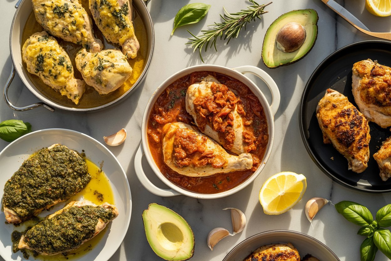 15+ Best Ever Keto Chicken RecipesStephanie SimeonMarch 7, 2026Dinner		


Pin2Share2 Shares

Table of Content
Toggle
Amazon Kitchen Essentials for Keto Chicken CookingKeto Cooking Essentials1. Garlic Butter Keto ChickenIngredientsInstructionsServing Ideas2. Keto Creamy Tuscan ChickenIngredientsInstructionsServing Ideas3. Crispy Air Fryer Keto Chicken ThighsIngredientsInstructionsServing Ideas4. Keto Chicken AlfredoIngredientsInstructionsServing Ideas5. Lemon Herb Grilled Keto ChickenIngredientsInstructionsServing Ideas6. Keto Buffalo Chicken BakeIngredientsInstructionsServing Ideas7. Keto Chicken ParmesanIngredientsInstructionsServing Ideas8. Keto Creamy Mushroom ChickenIngredientsInstructionsServing Ideas9. Keto Baked Pesto ChickenIngredientsInstructionsServing Ideas10. Keto Chicken CasseroleIngredientsInstructionsServing Ideas11. Keto Chicken Stir FryIngredientsInstructionsServing Ideas12. Keto Chicken Bacon RanchIngredientsInstructionsServing Ideas13. Keto Chicken Lettuce WrapsIngredientsInstructionsServing Ideas14. Keto Chicken Zucchini SkilletIngredientsInstructionsServing Ideas15. Keto Chicken Avocado SaladIngredientsInstructionsServing Ideas16. Keto Garlic Parmesan Chicken WingsIngredientsInstructionsServing Ideas17. Keto Chicken Cauliflower Rice BowlIngredientsInstructionsServing IdeasHow to Meal Prep Keto Chicken RecipesKeto Cooking Tips for Perfect ChickenFrequently Asked QuestionsFinal Thoughts
Eating keto does not have to feel restrictive or boring. In fact, chicken is one of the easiest and most versatile proteins you can cook when following a low carb lifestyle.
When I started experimenting with keto recipes, chicken quickly became my go to ingredient. It is affordable, easy to cook, and works with so many different flavors. 
You can bake it, air fry it, grill it, or cook it in a skillet and still end up with something delicious.

Another thing I love about chicken is how well it pairs with keto friendly ingredients like cheese, garlic butter, cream sauce, avocado, and fresh herbs. 




(adsbygoogle = window.adsbygoogle || []).push({});

With just a few simple ingredients, you can create meals that feel rich and satisfying while still staying low in carbs.
In this guide you will find 15 of the best keto chicken recipes that are perfect for quick dinners, meal prep, or even special occasions. 
These recipes focus on bold flavor, simple ingredients, and easy cooking methods so you can spend less time in the kitchen.
Before we jump into the recipes, let’s look at a few kitchen tools that make keto cooking much easier.

Amazon Kitchen Essentials for Keto Chicken Cooking
A few simple kitchen tools can make preparing keto meals faster and more enjoyable.
Keto Cooking Essentials

Cast Iron Skillet for searing chicken
Air Fryer for crispy keto chicken recipes
Instant Read Meat Thermometer
Stainless Steel Baking Sheet
Garlic Press
Silicone Cooking Tongs
Glass Meal Prep Containers
Olive Oil Dispenser Bottle
Mixing Bowls for marinades and seasoning
Sharp Chef’s Knife for trimming chicken

These tools make it easier to cook chicken evenly, season it properly, and store leftovers for later meals.
Now let’s move on to the recipes.

1. Garlic Butter Keto Chicken

Garlic butter chicken is one of the simplest keto meals you can make, but the flavor is incredible. 
The chicken cooks in a rich garlic butter sauce that keeps it juicy and tender.
I like making this recipe when I want something comforting that still fits perfectly into a low carb meal plan.
Ingredients
2 large chicken breasts2 tablespoons butter3 cloves garlic minced1 teaspoon paprika½ teaspoon salt½ teaspoon black pepper1 tablespoon olive oilFresh parsley for garnish
Instructions
Season the chicken breasts with salt, pepper, and paprika.
Heat olive oil in a skillet over medium heat.
Add the chicken and cook for about 5 to 6 minutes on each side until golden and cooked through.
Remove the chicken and set it aside.




(adsbygoogle = window.adsbygoogle || []).push({});

In the same pan, melt the butter and add the minced garlic. Cook for about 30 seconds until fragrant.
Return the chicken to the pan and spoon the garlic butter sauce over the top.
Garnish with fresh parsley before serving.
Serving Ideas
This chicken pairs perfectly with keto friendly sides such as:
Cauliflower riceRoasted broccoliGarlic butter zucchini noodlesFresh avocado slices

2. Keto Creamy Tuscan Chicken

Creamy Tuscan chicken feels like a restaurant style dinner but it is surprisingly simple to prepare. 
The sauce combines garlic, cream, spinach, and sun dried tomatoes for a rich and satisfying dish.
It is one of those recipes that tastes impressive but requires very little effort.
Ingredients
2 chicken breasts1 tablespoon olive oil3 cloves garlic minced1 cup heavy cream½ cup grated parmesan cheese½ cup sun dried tomatoes1 cup fresh spinach½ teaspoon Italian seasoningSalt and pepper to taste
Instructions
Season the chicken breasts with salt and pepper.




(adsbygoogle = window.adsbygoogle || []).push({});

Heat olive oil in a skillet over medium heat and cook the chicken until golden on both sides. Remove and set aside.
In the same pan cook the garlic for about 30 seconds.
Add heavy cream, parmesan cheese, and Italian seasoning. Stir until the sauce begins to thicken.
Add the sun dried tomatoes and spinach and cook until the spinach wilts.
Return the chicken to the pan and let it simmer in the sauce for about 5 minutes.
Serve warm.
Serving Ideas
This creamy chicken goes well with:
Cauliflower mashZucchini noodlesSteamed asparagusRoasted Brussels sprouts

3. Crispy Air Fryer Keto Chicken Thighs

If you love crispy chicken skin, air fryer chicken thighs are a must try. The air fryer creates a crispy exterior while keeping the meat juicy and tender inside.
This recipe is simple, flavorful, and perfect for busy weeknights.
Ingredients
4 bone in chicken thighs1 tablespoon olive oil1 teaspoon garlic powder1 teaspoon paprika½ teaspoon salt½ teaspoon black pepper
Instructions
Pat the chicken thighs dry with paper towels.
Rub olive oil over the chicken.
Season with garlic powder, paprika, salt, and pepper.
Place the chicken in the air fryer basket skin side up.




(adsbygoogle = window.adsbygoogle || []).push({});

Cook at 380°F for about 22 to 25 minutes until the skin becomes crispy and the chicken is fully cooked.
Let the chicken rest for a few minutes before serving.
Serving Ideas
Serve these crispy chicken thighs with:
Cauliflower mac and cheeseRoasted green beansSimple avocado saladGarlic butter mushrooms
4. Keto Chicken Alfredo

Chicken Alfredo is one of the most comforting meals you can make while still staying low carb. 
Instead of serving it with traditional pasta, I like pairing the creamy sauce with zucchini noodles or roasted vegetables.
The rich parmesan cream sauce makes this dish feel indulgent while still fitting perfectly into a keto meal plan.
Ingredients
2 chicken breasts1 tablespoon olive oil2 tablespoons butter3 cloves garlic minced1 cup heavy cream¾ cup grated parmesan cheese½ teaspoon Italian seasoningSalt and pepper to taste
Instructions
Season the chicken with salt and pepper.
Heat olive oil in a skillet over medium heat and cook the chicken until golden and fully cooked. Remove and set aside.
In the same pan melt butter and add the garlic. Cook for about 30 seconds.
Pour in the heavy cream and stir gently.
Add parmesan cheese and Italian seasoning. Let the sauce simmer until it thickens.
Slice the chicken and return it to the pan, coating it with the Alfredo sauce.
Serve warm.
Serving Ideas
This keto Alfredo chicken tastes great with:
Zucchini noodlesRoasted cauliflowerSteamed broccoliGarlic sautéed spinach

5. Lemon Herb Grilled Keto Chicken

When I want something fresh and light, lemon herb grilled chicken is always a great option. 
The bright lemon flavor and herbs make this dish simple but incredibly satisfying.
It also works very well for meal prep.
Ingredients
2 chicken breasts2 tablespoons olive oilJuice of 1 lemon1 teaspoon garlic powder1 teaspoon dried oregano½ teaspoon salt½ teaspoon black pepper
Instructions
In a bowl mix olive oil, lemon juice, garlic powder, oregano, salt, and pepper.
Coat the chicken breasts with the marinade and let them sit for about 20 minutes.
Preheat the grill or grill pan over medium heat.
Cook the chicken for about 6 to 7 minutes on each side until fully cooked.
Let the chicken rest before slicing.
Serving Ideas
Serve lemon herb chicken with:
Greek saladRoasted asparagusCauliflower riceAvocado slices

6. Keto Buffalo Chicken Bake

Buffalo chicken is perfect if you enjoy bold and spicy flavors. This baked version combines juicy chicken with buffalo sauce and melted cheese.
It is a simple recipe that works well for weeknight dinners.
Ingredients
2 chicken breasts½ cup buffalo sauce½ cup shredded mozzarella cheese½ cup cream cheese½ teaspoon garlic powder½ teaspoon paprika
Instructions
Preheat the oven to 375°F.
Place the chicken breasts in a baking dish.
Spread cream cheese over the chicken.
Pour buffalo sauce on top and sprinkle with garlic powder and paprika.
Add shredded mozzarella cheese.
Bake for about 25 minutes until the chicken is cooked through and the cheese is melted.
Serving Ideas
Buffalo chicken pairs well with:
Celery sticksCauliflower riceKeto coleslawFresh avocado

7. Keto Chicken Parmesan

Chicken parmesan can easily be made keto friendly by replacing traditional breadcrumbs with a low carb coating.
The crispy chicken combined with marinara sauce and melted cheese makes this dish incredibly satisfying.
Ingredients
2 chicken breasts½ cup almond flour¼ cup grated parmesan cheese1 egg½ cup marinara sauce½ cup shredded mozzarella cheese1 teaspoon Italian seasoning
Instructions
Preheat the oven to 375°F.
In one bowl beat the egg. In another bowl combine almond flour, parmesan cheese, and Italian seasoning.
Dip the chicken in the egg then coat with the almond flour mixture.
Place the chicken on a baking sheet and bake for about 20 minutes.
Remove from the oven and top with marinara sauce and mozzarella cheese.
Return to the oven and bake another 5 to 10 minutes until the cheese melts.
Serving Ideas
Serve keto chicken parmesan with:
Zucchini noodlesRoasted broccoliGarlic sautéed spinachSimple side salad

8. Keto Creamy Mushroom Chicken

Creamy mushroom chicken is a rich and comforting dinner that feels perfect for colder evenings. 
The creamy sauce combined with garlic and mushrooms creates deep flavor without adding carbs.
Ingredients
2 chicken breasts1 tablespoon olive oil1 cup sliced mushrooms2 cloves garlic minced¾ cup heavy cream½ cup parmesan cheese½ teaspoon thymeSalt and pepper to taste
Instructions
Season the chicken with salt and pepper.
Heat olive oil in a skillet and cook the chicken until golden. Remove and set aside.
Add mushrooms to the pan and cook until soft.
Stir in the garlic and cook briefly.
Pour in the heavy cream and parmesan cheese. Add thyme and stir.
Return the chicken to the pan and simmer until the sauce thickens.
Serving Ideas
This dish pairs well with:
Cauliflower mashRoasted green beansSteamed broccoliGarlic butter zucchini noodles

9. Keto Baked Pesto Chicken
Pesto chicken is simple, flavorful, and perfect for a quick dinner. The basil pesto adds bold flavor while the melted cheese keeps the chicken juicy.
Ingredients
2 chicken breasts½ cup basil pesto½ cup shredded mozzarella cheese1 tablespoon olive oilSalt and pepper to taste
Instructions
Preheat the oven to 375°F.
Place the chicken breasts in a baking dish.
Season with salt and pepper and drizzle with olive oil.
Spread pesto evenly over the chicken.
Top with shredded mozzarella cheese.
Bake for about 25 minutes until the chicken is cooked through.
Serving Ideas
Serve pesto chicken with:
Roasted zucchiniCauliflower riceGarlic green beansFresh tomato salad
10. Keto Chicken Casserole

Chicken casserole is one of the easiest keto dinners you can make. Everything cooks together in one dish which makes preparation simple and cleanup quick.
The combination of tender chicken, creamy sauce, and melted cheese creates a comforting meal that feels satisfying without adding extra carbs.
Ingredients
2 cups cooked shredded chicken1 cup broccoli florets½ cup cream cheese½ cup heavy cream1 cup shredded cheddar cheese½ teaspoon garlic powder½ teaspoon onion powderSalt and pepper to taste
Instructions
Preheat the oven to 375°F.
In a mixing bowl combine shredded chicken, broccoli, cream cheese, heavy cream, garlic powder, onion powder, salt, and pepper.
Spread the mixture evenly in a baking dish.
Top with shredded cheddar cheese.
Bake for about 25 minutes until hot and bubbly.
Serving Ideas
Serve this casserole with:
A fresh green saladRoasted zucchiniSteamed asparagusAvocado slices

11. Keto Chicken Stir Fry

Chicken stir fry is a quick and flavorful dinner that fits perfectly into a keto lifestyle. 
The vegetables add color and texture while the sauce keeps the chicken juicy and flavorful.
Ingredients
2 chicken breasts sliced1 tablespoon sesame oil1 cup broccoli florets1 bell pepper sliced½ cup sliced mushrooms2 cloves garlic minced2 tablespoons soy sauce or coconut aminos1 teaspoon grated ginger
Instructions
Heat sesame oil in a large skillet over medium high heat.
Add the sliced chicken and cook until lightly browned.
Add broccoli, bell pepper, and mushrooms.
Stir fry for about 5 minutes.
Add garlic, ginger, and soy sauce.
Cook another 2 minutes until everything is well combined.
Serving Ideas
Serve this stir fry with:
Cauliflower riceSteamed cabbageZucchini noodles

12. Keto Chicken Bacon Ranch

Chicken bacon ranch is a rich and satisfying keto meal that combines three bold flavors in one dish. 
The creamy ranch sauce pairs perfectly with crispy bacon and juicy chicken.
Ingredients
2 chicken breasts4 slices bacon cooked and crumbled½ cup cream cheese½ cup heavy cream½ cup shredded cheddar cheese1 tablespoon ranch seasoning
Instructions
Preheat the oven to 375°F.
Place the chicken in a baking dish.
In a bowl mix cream cheese, heavy cream, and ranch seasoning.
Spread the mixture over the chicken.
Top with shredded cheese and crumbled bacon.
Bake for about 25 minutes until the chicken is fully cooked.
Serving Ideas
Serve chicken bacon ranch with:
Roasted broccoliCauliflower mashGarlic butter green beans

13. Keto Chicken Lettuce Wraps

Lettuce wraps are light, fresh, and perfect for a low carb meal. They are quick to prepare and work well for lunch or dinner.
Ingredients
2 cups cooked shredded chicken1 tablespoon olive oil2 tablespoons soy sauce or coconut aminos1 teaspoon sesame oil1 clove garlic mincedButter lettuce leaves
Instructions
Heat olive oil in a skillet.
Add the shredded chicken and cook for a few minutes.
Stir in soy sauce, sesame oil, and garlic.
Cook until the chicken is heated through.
Spoon the mixture into lettuce leaves and serve.
Serving Ideas
Top the wraps with:
Sliced avocadoGreen onionsSesame seeds

14. Keto Chicken Zucchini Skillet

This one pan skillet meal is perfect for busy nights. The zucchini cooks quickly and absorbs the flavor from the seasoned chicken.
Ingredients
2 chicken breasts sliced2 zucchini sliced1 tablespoon olive oil2 cloves garlic minced½ teaspoon paprika½ teaspoon Italian seasoningSalt and pepper to taste
Instructions
Heat olive oil in a skillet over medium heat.
Add the chicken slices and cook until golden.
Add zucchini and garlic.
Season with paprika, Italian seasoning, salt, and pepper.
Cook for another 5 minutes until the zucchini becomes tender.
Serving Ideas
Serve with:
Cauliflower riceFresh saladAvocado slices

15. Keto Chicken Avocado Salad

Chicken avocado salad is simple, refreshing, and perfect for a light keto meal. It is also great for meal prep lunches.
Ingredients
2 cups cooked diced chicken1 avocado diced¼ cup mayonnaise1 tablespoon lemon juice¼ cup chopped celerySalt and pepper to taste
Instructions
In a bowl combine chicken, avocado, celery, and mayonnaise.
Add lemon juice, salt, and pepper.
Mix gently until everything is combined.
Chill before serving.
Serving Ideas
Serve this salad:
In lettuce wrapsOver mixed greensWith sliced cucumbers

16. Keto Garlic Parmesan Chicken Wings

Chicken wings are naturally keto friendly and full of flavor. The garlic parmesan coating makes them crispy, savory, and incredibly satisfying.
Ingredients
2 pounds chicken wings2 tablespoons olive oil3 cloves garlic minced½ cup grated parmesan cheese1 teaspoon paprikaSalt and pepper to taste
Instructions
Preheat the oven to 400°F.
Toss the wings with olive oil, garlic, paprika, salt, and pepper.
Spread them on a baking sheet.
Bake for about 35 minutes until crispy.
Sprinkle parmesan cheese over the wings before serving.
Serving Ideas
Serve with:
Celery sticksKeto ranch dressingBlue cheese dip

17. Keto Chicken Cauliflower Rice Bowl

This simple bowl combines seasoned chicken with cauliflower rice and vegetables for a balanced keto meal.
It is also perfect for meal prep.
Ingredients
2 chicken breasts diced1 tablespoon olive oil2 cups cauliflower rice½ cup diced bell peppers1 clove garlic minced½ teaspoon cuminSalt and pepper to taste
Instructions
Heat olive oil in a skillet.
Cook the diced chicken until golden.
Add bell peppers and garlic.
Stir in cauliflower rice and cumin.
Cook for about 5 minutes until everything is heated through.
Serving Ideas
Top the bowl with:
Avocado slicesFresh cilantroLime wedges
How to Meal Prep Keto Chicken Recipes

Many of these keto chicken recipes are perfect for meal prep. When I know the week will be busy, I like cooking one or two chicken dishes in advance so I always have something ready in the refrigerator.
Start by preparing a recipe such as grilled chicken, creamy chicken, or shredded chicken. 
Once the food finishes cooking, allow it to cool slightly before dividing it into airtight containers.
Store the portions in the refrigerator for up to four days. When it is time to eat, simply reheat the chicken and pair it with easy keto sides like cauliflower rice, roasted vegetables, or a simple salad.
You can also change how you serve the same chicken during the week. For example, grilled chicken can be sliced for salads one day and added to a cauliflower rice bowl the next. 
This makes meal prep feel less repetitive while still saving time.

Keto Cooking Tips for Perfect Chicken

Cooking chicken on a keto diet is simple, but a few tips can make a big difference in flavor and texture.
Use enough healthy fats
Healthy fats like butter, olive oil, and avocado oil help keep chicken moist and flavorful while also supporting keto macros.
Season generously
Chicken absorbs seasoning well. Garlic, paprika, herbs, lemon, and spices can transform a simple chicken dish into something much more exciting.
Avoid overcooking
Chicken breasts can dry out if cooked too long. Using a meat thermometer helps ensure the chicken stays juicy and tender.
Try different cooking methods
Baking, grilling, air frying, and skillet cooking all create different textures and flavors. Rotating these methods keeps meals interesting.
Add fresh toppings
Fresh herbs, avocado slices, or a squeeze of lemon juice can instantly brighten the flavor of a keto chicken meal.
These small adjustments can make a big difference when preparing low carb chicken recipes at home.

Frequently Asked Questions
Is chicken good for a keto diet?
Yes. Chicken is an excellent protein choice for keto because it contains almost no carbohydrates. It pairs well with healthy fats and low carb vegetables, making it perfect for keto meals.
What is the best cut of chicken for keto recipes?
Chicken thighs are often preferred for keto cooking because they contain more natural fat and stay juicy during cooking. However, chicken breasts also work well when cooked with sauces, butter, or olive oil.
Can keto chicken recipes be used for meal prep?
Yes. Many keto chicken recipes store very well in the refrigerator for several days. They can also be frozen and reheated later, making them great for meal planning.
What sides go well with keto chicken meals?
Popular keto side dishes include cauliflower rice, roasted broccoli, zucchini noodles, asparagus, salads, and sautéed mushrooms.
How do you keep chicken juicy when cooking?
Using marinades, cooking with healthy fats, and avoiding overcooking are the best ways to keep chicken tender and juicy.

Final Thoughts
Chicken is one of the most versatile ingredients you can cook with on a keto diet. It works with many different flavors and cooking styles, which makes it easy to create satisfying meals without adding extra carbs.
These keto chicken recipes offer a variety of options ranging from creamy comfort food to lighter dishes that are perfect for quick dinners or meal prep. 
With just a few ingredients and simple cooking methods, you can create meals that feel both delicious and satisfying.
If you are looking for easy low carb dinners that do not sacrifice flavor, these recipes are a great place to start. Try a few of them and you may find new favorites that become part of your regular meal rotation.



Share your love






				





				





				





				










Stephanie Simeon			

Stephanie Simeon is the creator of Savvy Recipes, where she shares simple, delicious, and practical meal ideas for busy home cooks. 
Passionate about meal prep and kitchen efficiency, she helps readers save time while making flavorful, wholesome meals. 
When she's not in the kitchen, she’s exploring new recipes and testing the best tools to make cooking easier.

Articles: 164		






Previous Post						

12 Crockpot Mexican Recipes You’ll Want to Make on Repeat							





Next Post						

Keto Strawberry Tiramisu