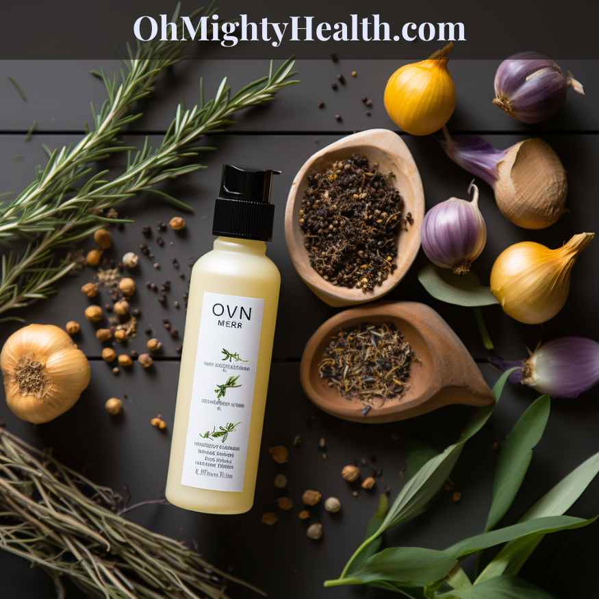 Natural hair care scene with raw onions, rosemary and black tea for healthy hair.