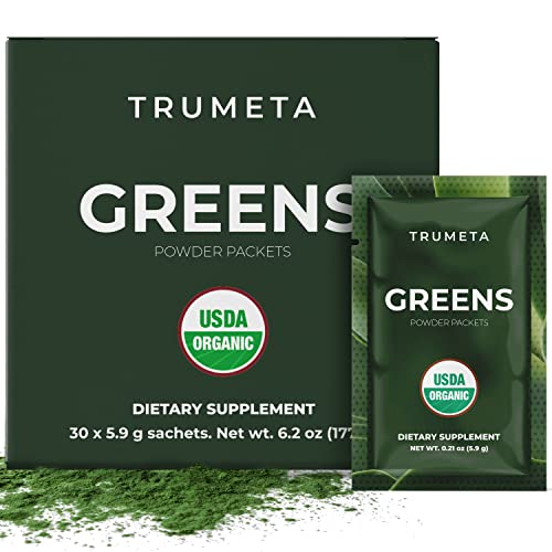 TRUMETA Greens Powder Packets - 30 Servings for Energy, Memory, Digestion I Best Taste Green Juice Powder Supplement with Organic Spirulina, Goji, Beetroot, Pomegranate I Vegan, Non-GMO