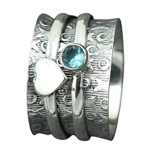 Blue Topaz Gemstone Beautiful Heart Spinner Ring, Love Ring, Meditation Spinning Ring, Spin Fidget Ring, Wedding Gifts For Women Men, Unique November Birthstone Gifts
