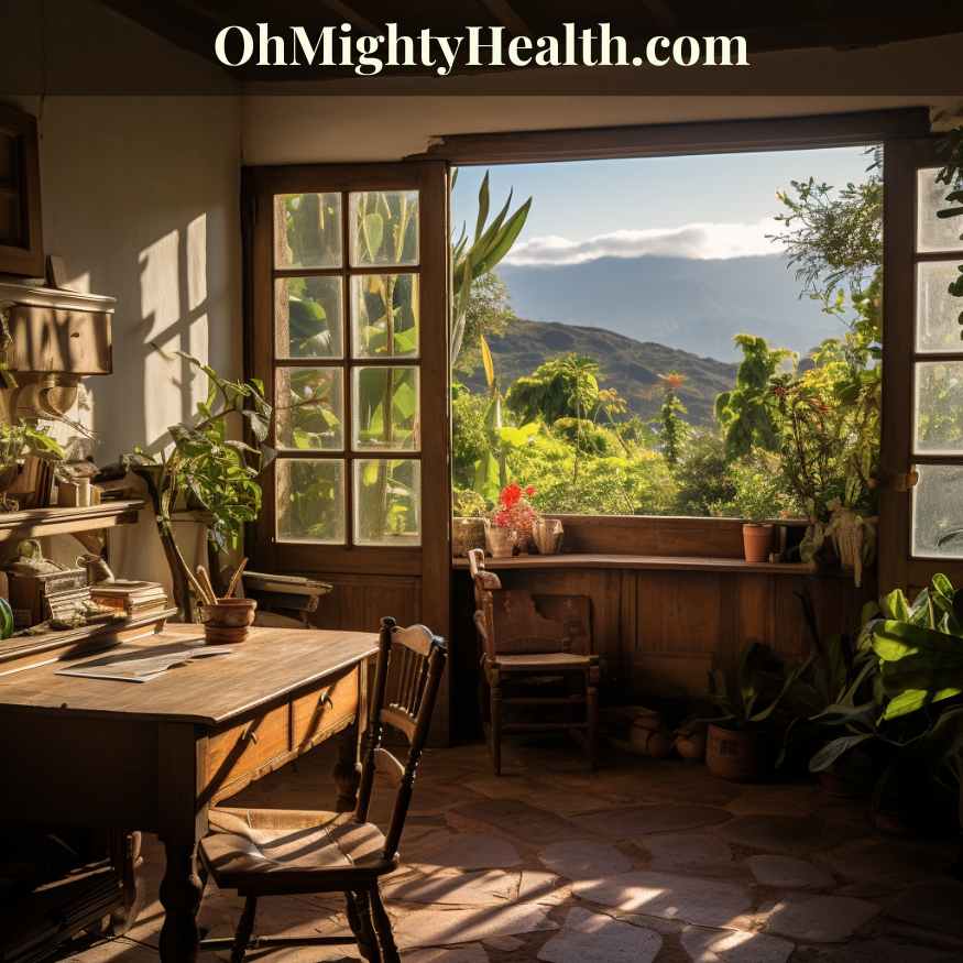Rustic finca house interior in Tenerife with open windows showcasing the stunning natural landscape outside.